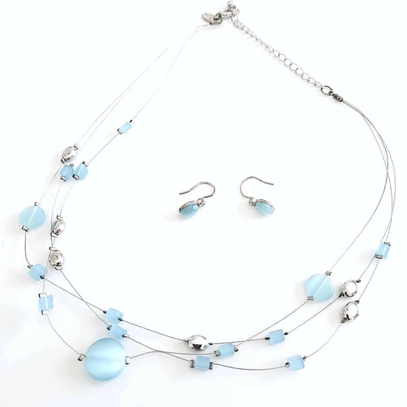 LIA SOPHIA Aqua Blue Geometric Beades Wire Necklace & Gemstone Earrings Set - Picture 4 of 4